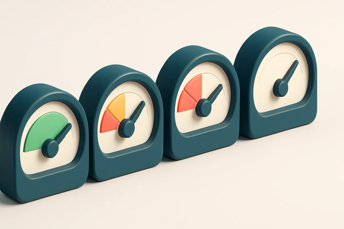 a row of four gauges showing green, yellow, red, and gray levels