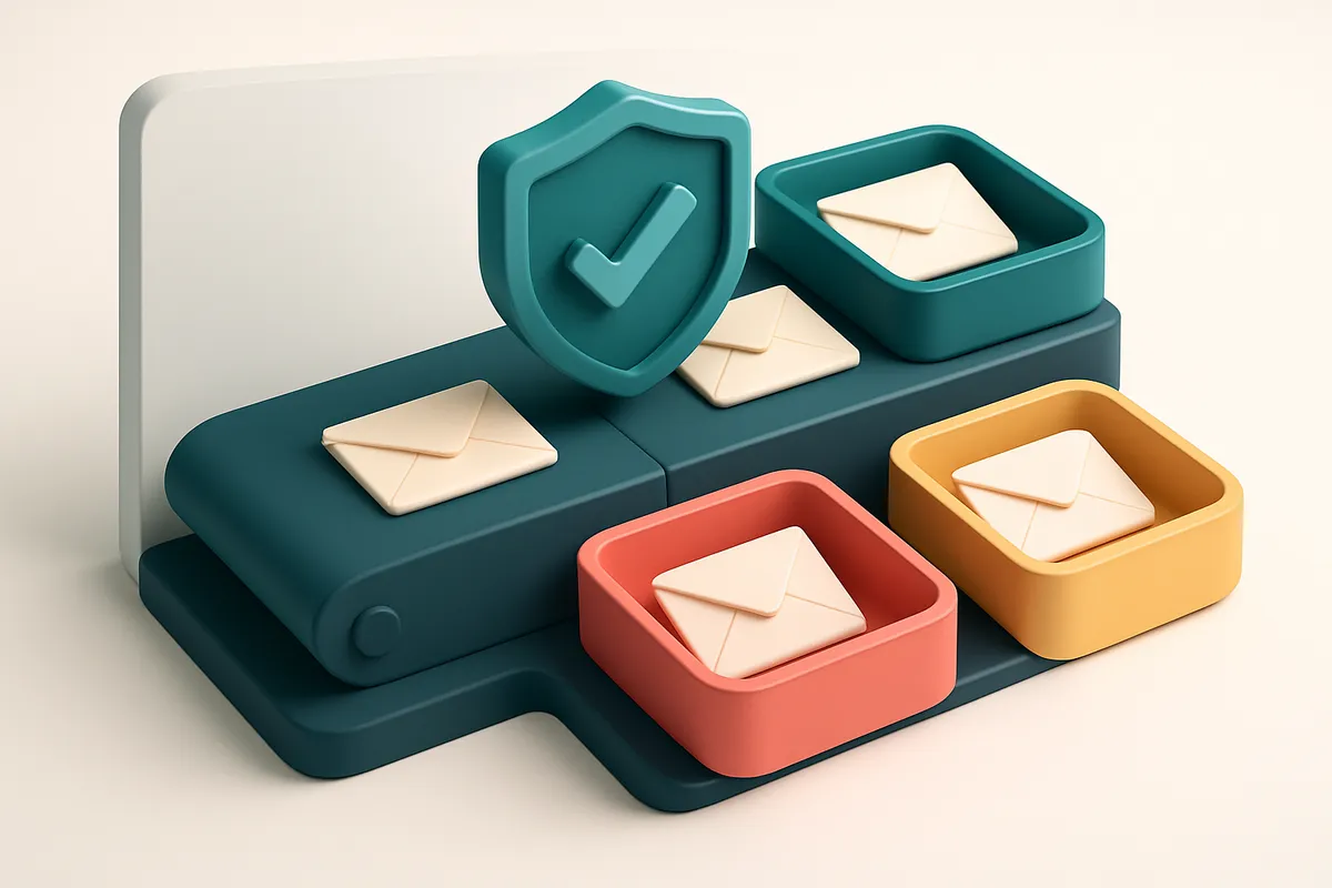 an isometric dashboard showing a digital conveyor belt with incoming email envelopes, each being scanned by a shield-sha