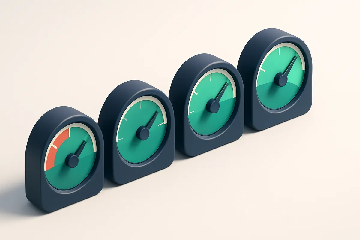 a row of four gauges showing DNS health, SPF, DKIM, and DMARC status