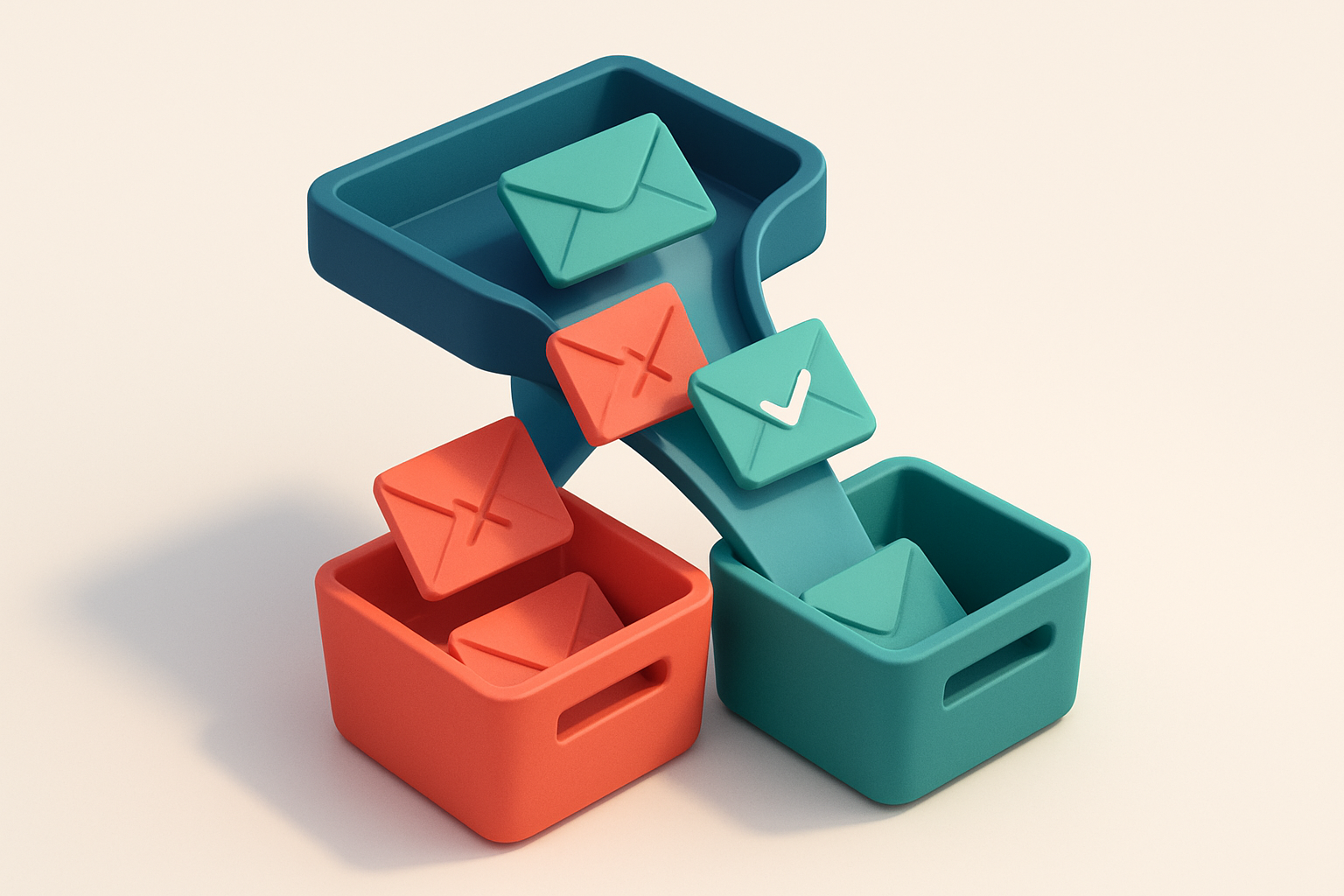 An isometric inbox with envelopes sliding down a funnel: red envelopes marked 'Invalid' drop into a red bin labeled 'Bou