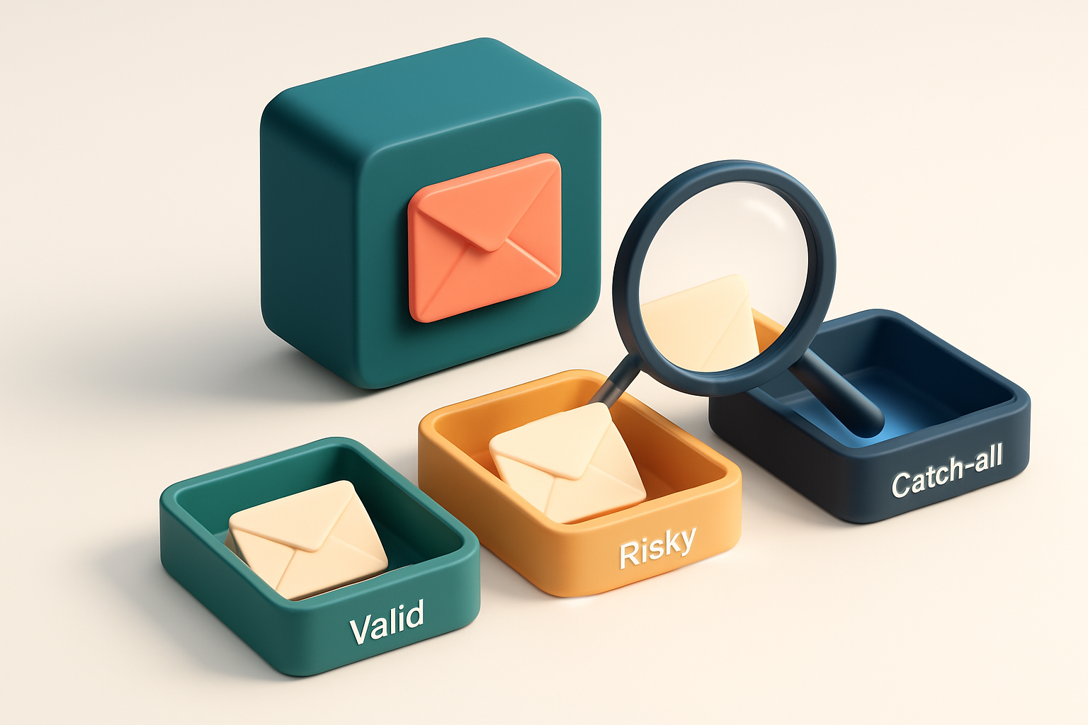 An isometric illustration of a 3D email inbox with envelopes being sorted: green 'Valid' tray, red 'Invalid' tray, yello