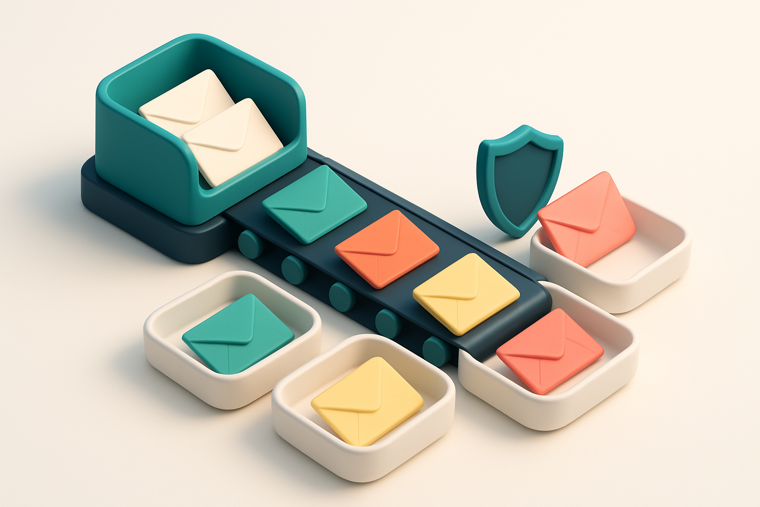 An isometric email inbox with an automatic sorting conveyor belt moving envelopes labeled with different email types: gr