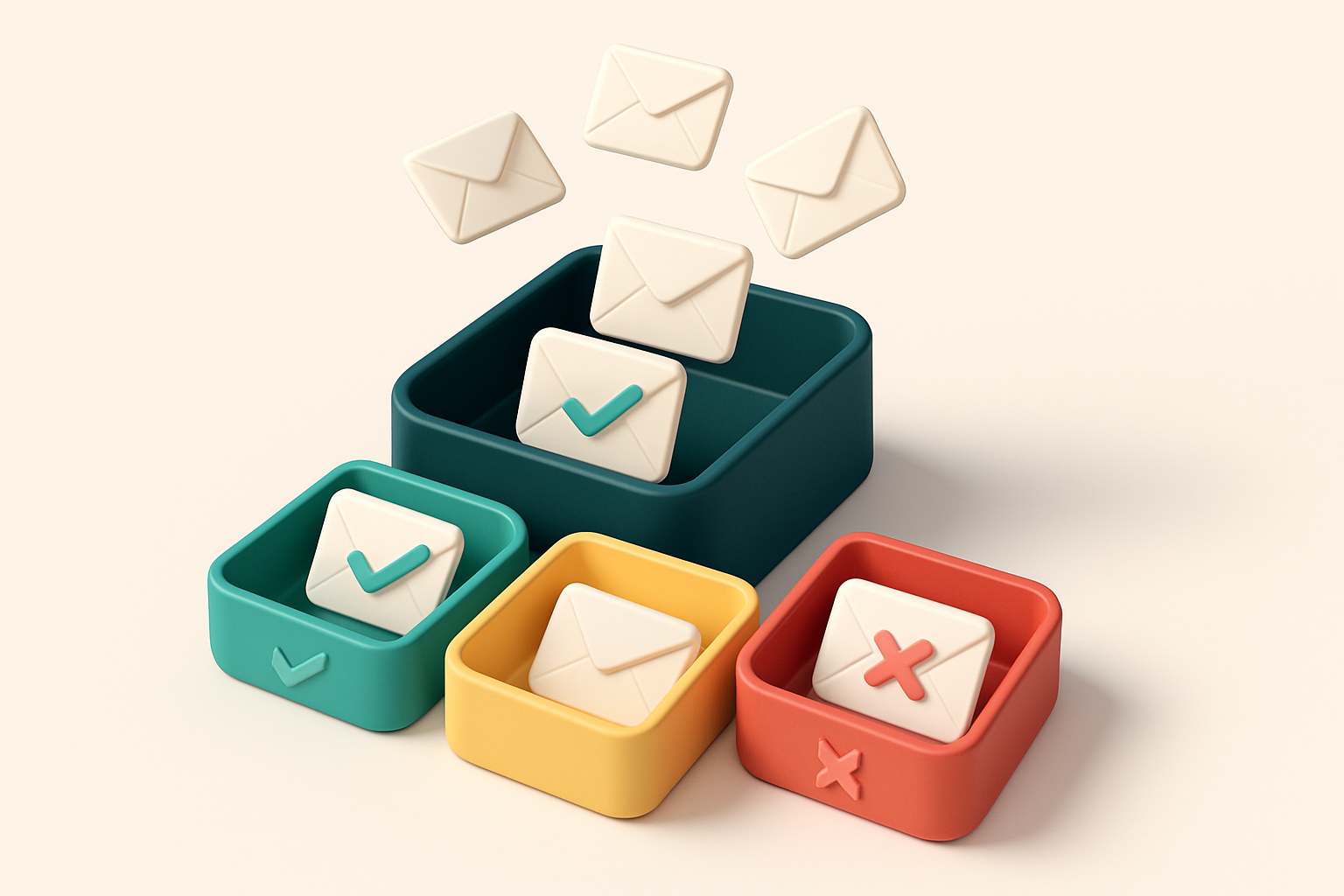 an isometric email inbox with envelopes flowing into three bins: a green 'valid' tray, a red 'invalid' tray, and a yello