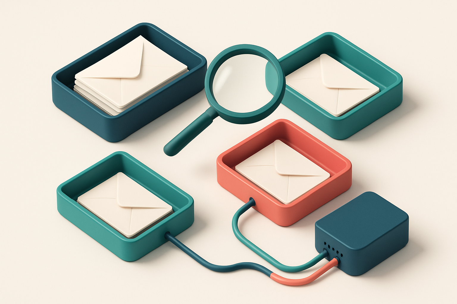 An isometric email inbox with envelopes being sorted onto a green 'valid' tray and a red 'invalid' tray, a magnifying gl