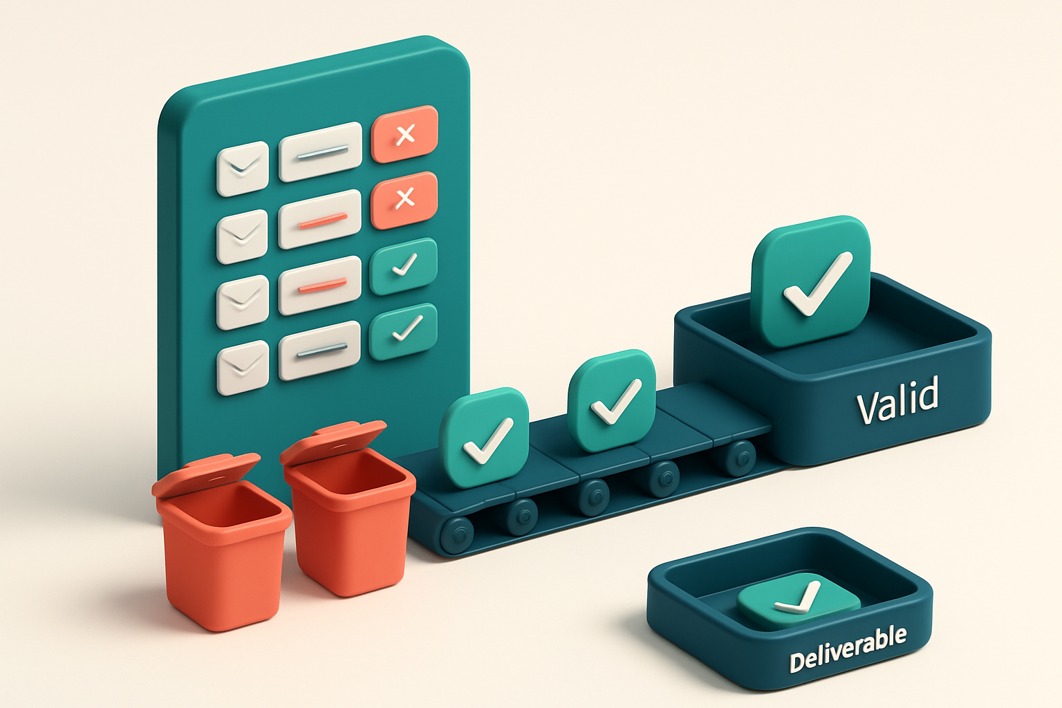 An isometric illustration of a construction site office scene: a green digital dashboard showing a list of emails with r