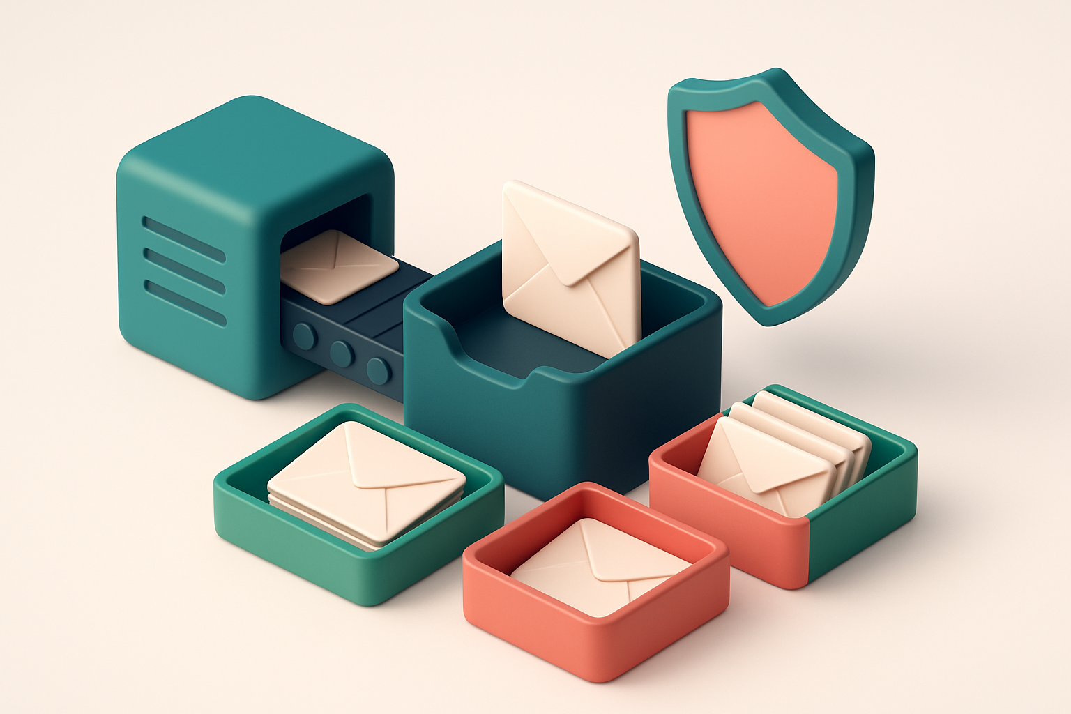 An isometric email inbox with envelopes being sorted onto a green 'valid' tray and a red 'invalid' tray, a conveyor belt