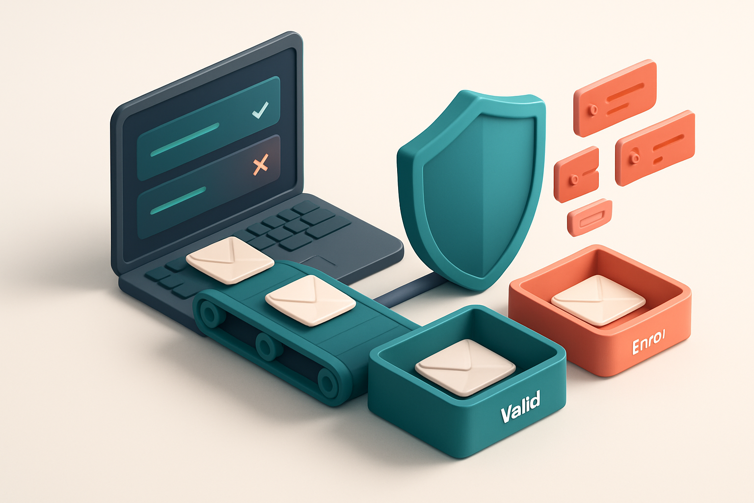 Hero: an isometric desk setup with a laptop screen showing a real-time API call returning 'Valid' and 'Invalid' verdicts