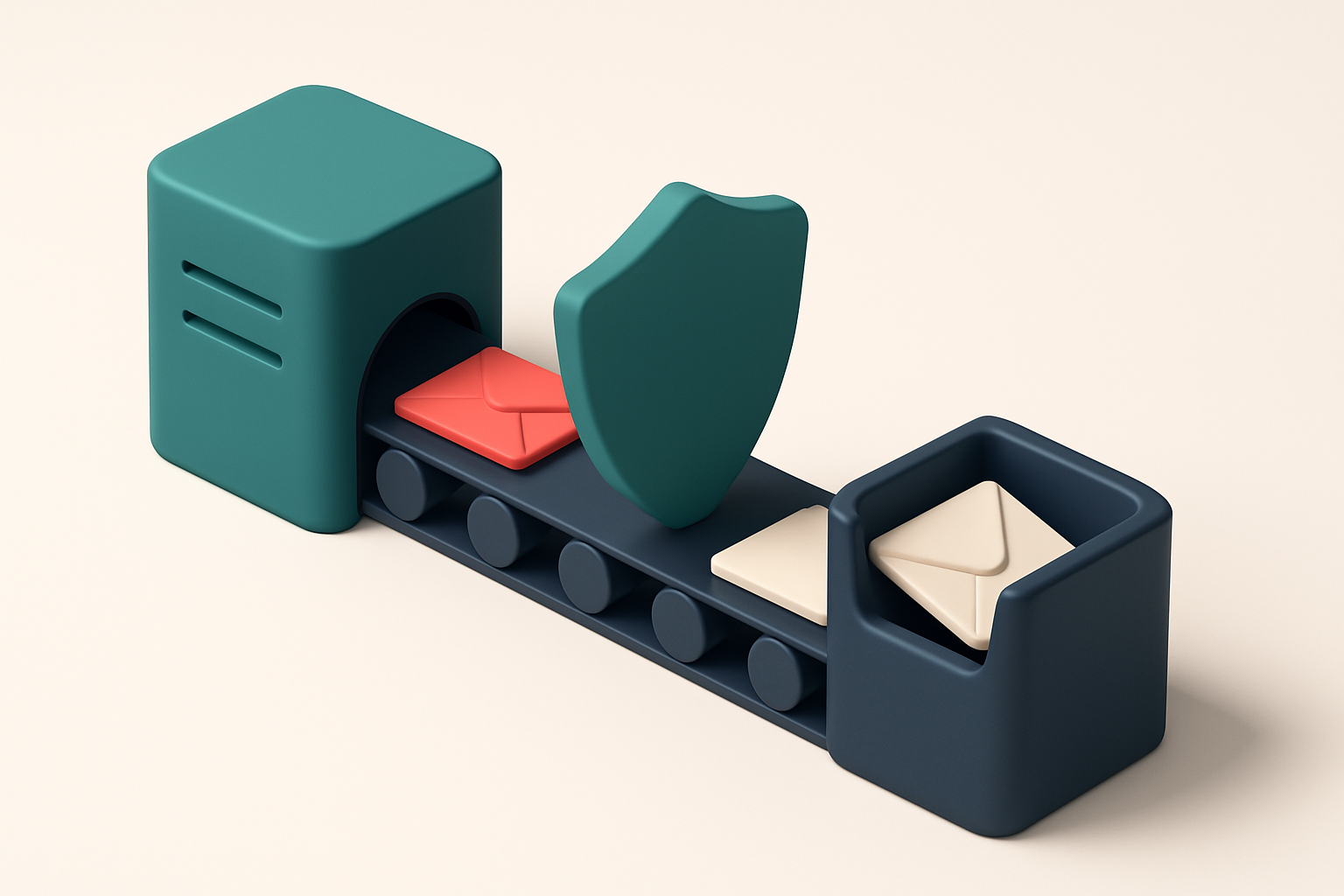 an isometric email database with a conveyor belt carrying digital envelopes labeled ‘valid’, ‘invalid’, and ‘risky’—an a