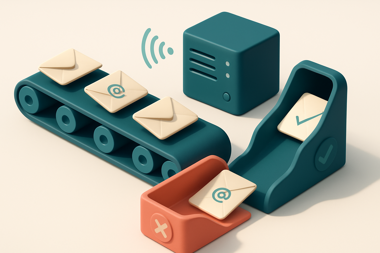 An isometric illustration of a conveyor belt carrying paper envelopes labeled 'email addresses' past a red 'invalid' chu
