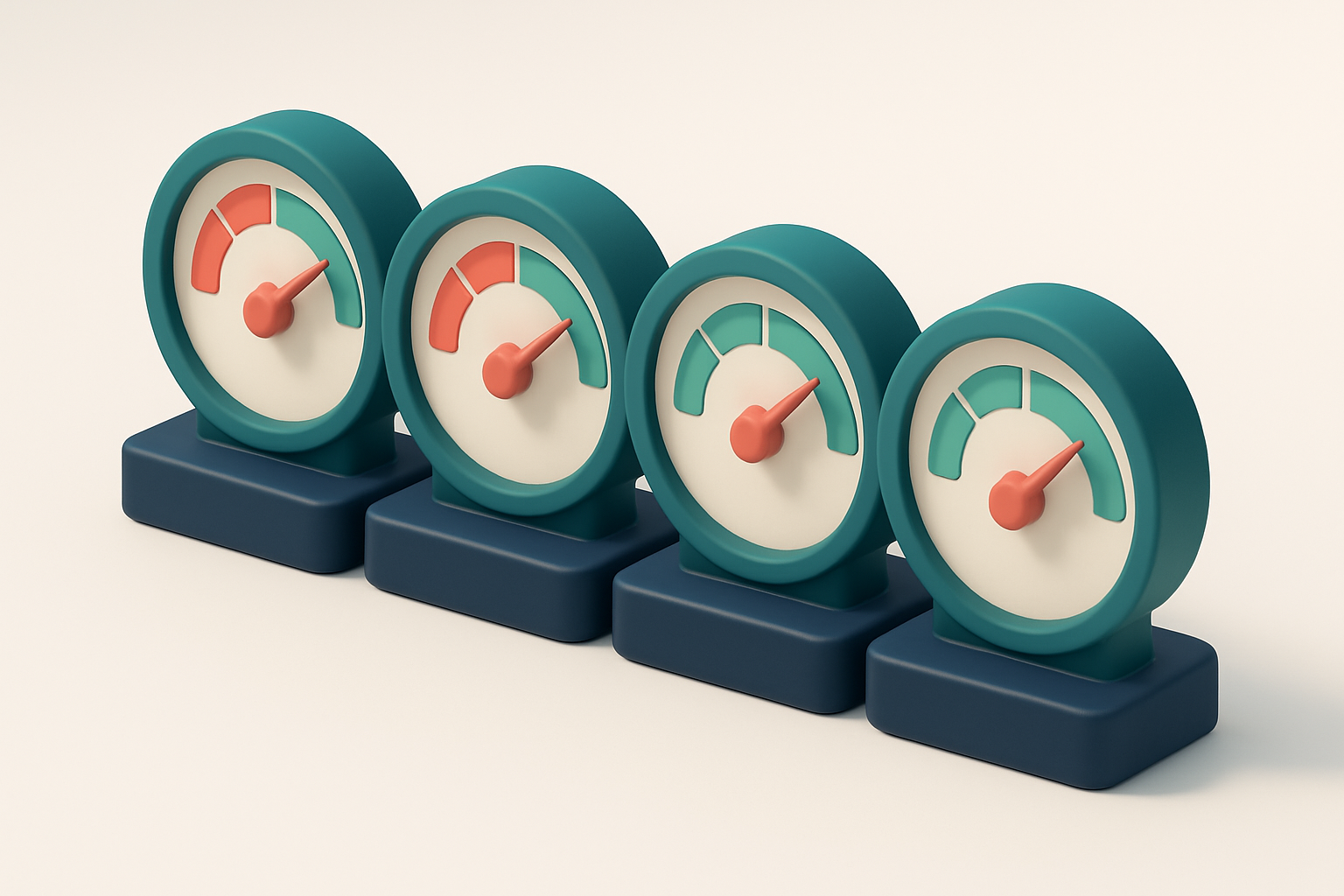 a row of four red and green gauge dials showing real-time status changes