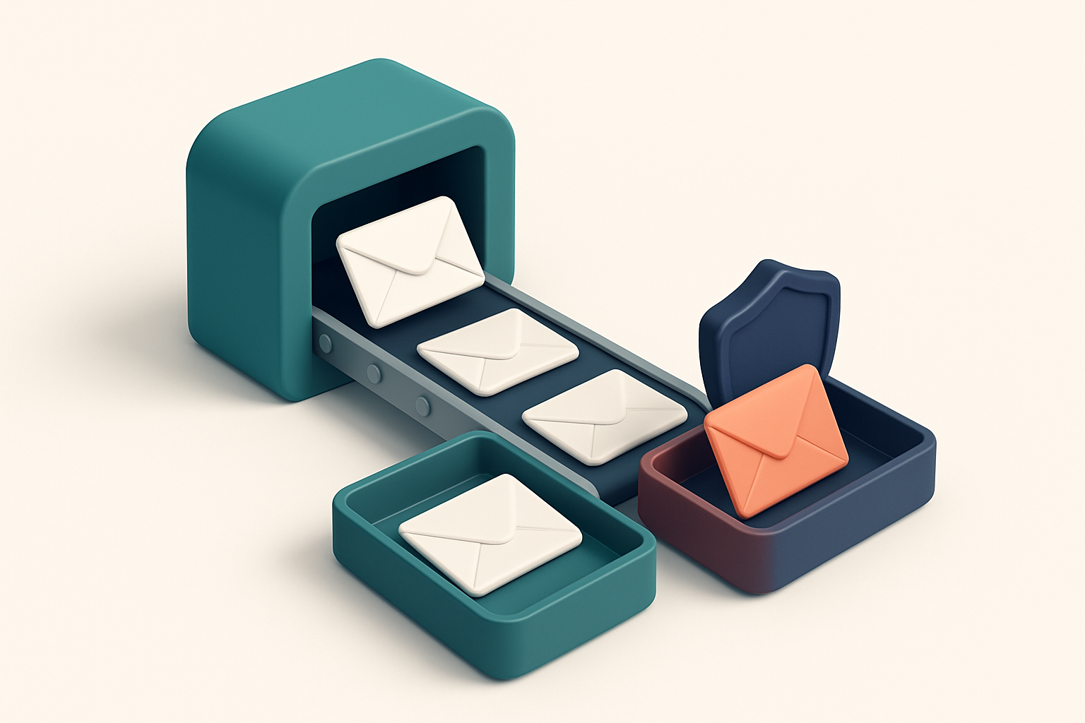 An isometric email inbox with envelopes flowing down a conveyor belt, splitting onto two trays: a green 'valid' tray and