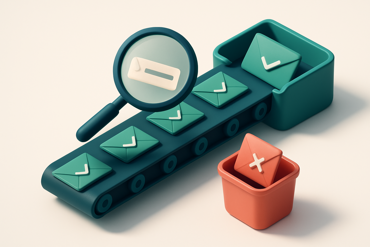 An isometric view of a conveyor belt moving green 'valid' email envelopes into a green inbox, while red 'invalid' envelo