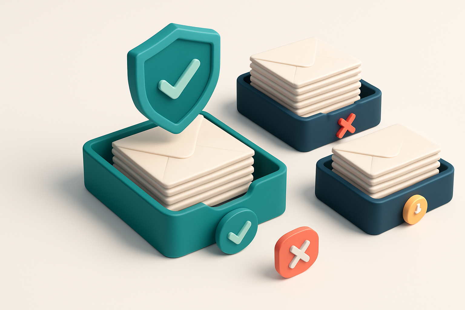 An isometric view of a digital inbox with stacks of envelopes labeled 'Valid', 'Invalid', 'Catch-all', and 'Risky' being