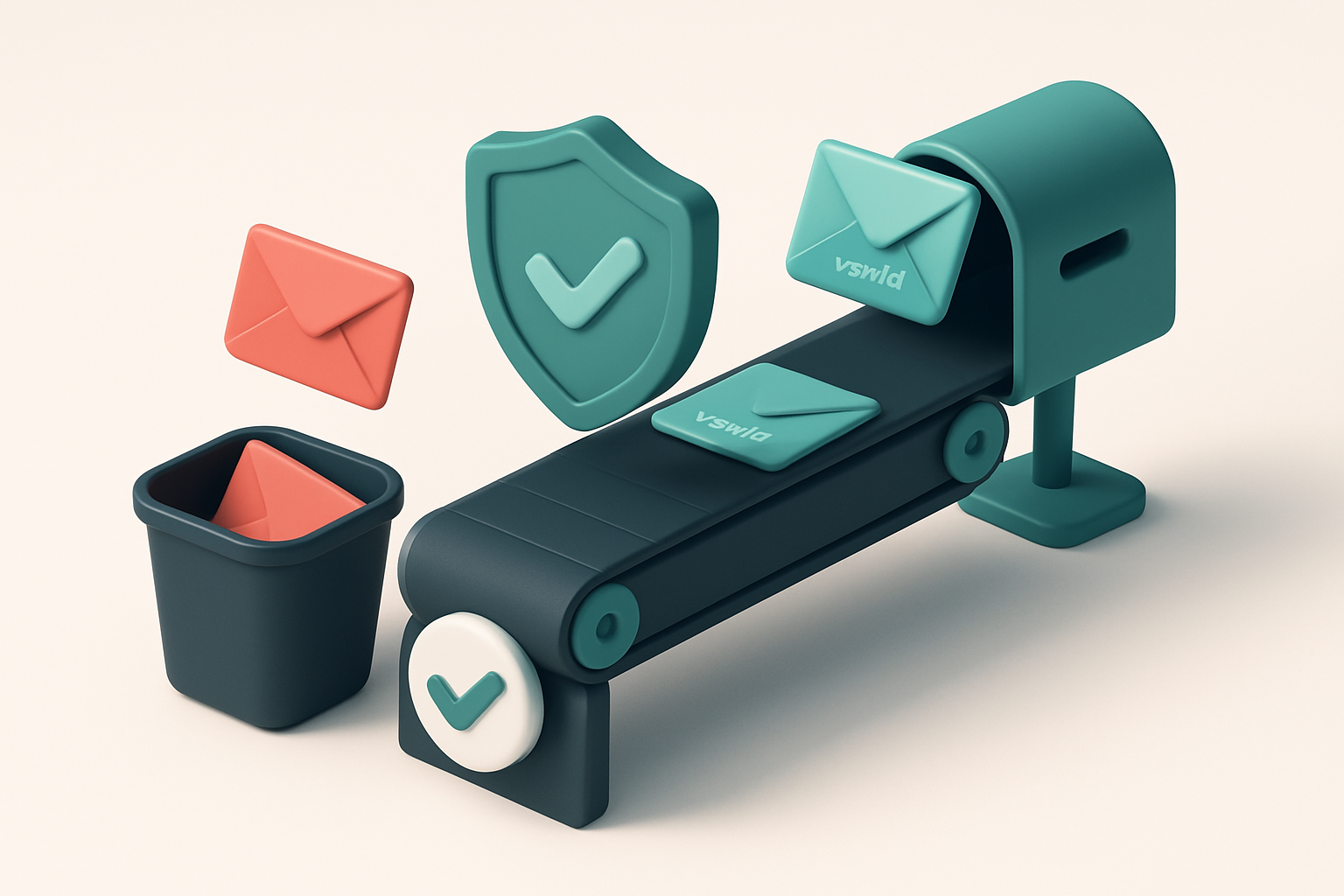 An isometric desktop view of a digital inbox with envelopes labeled with email addresses being scanned by a shield-shape