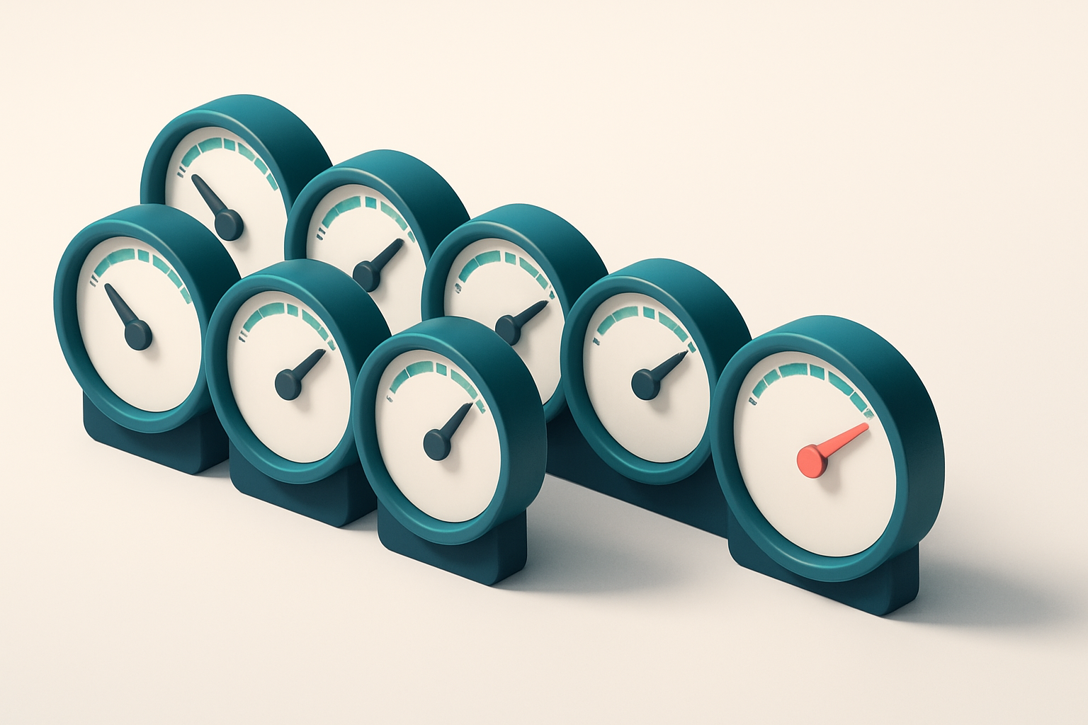 a row of six gauges with varying needle positions
