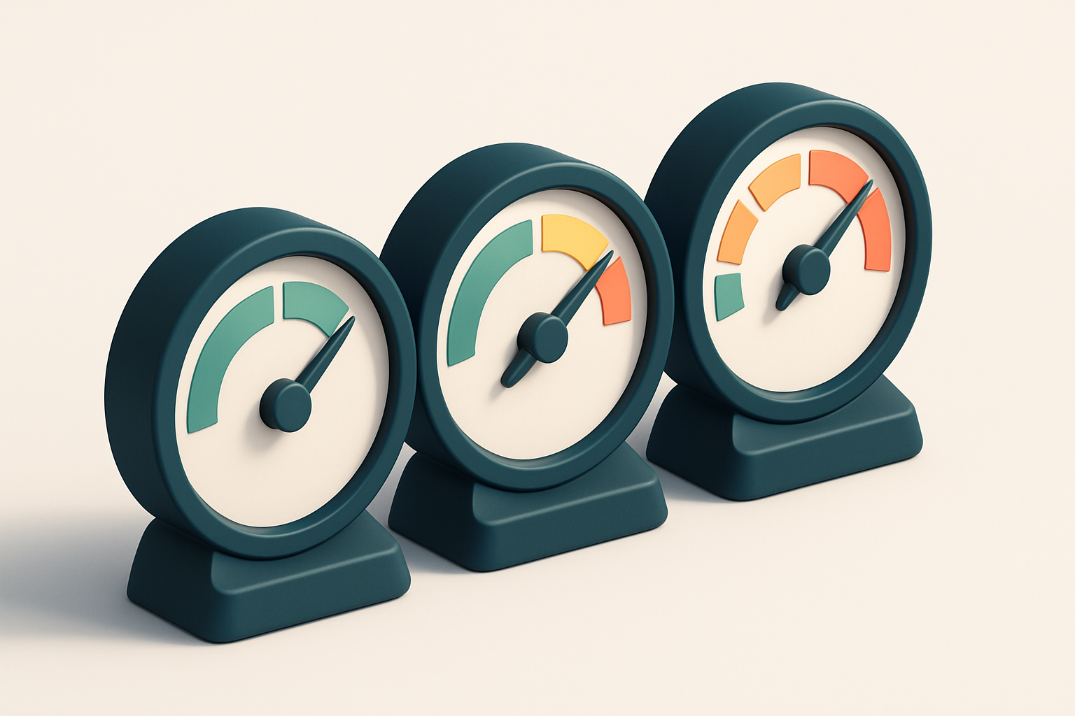 a row of three gauges with green, yellow, and red indicators