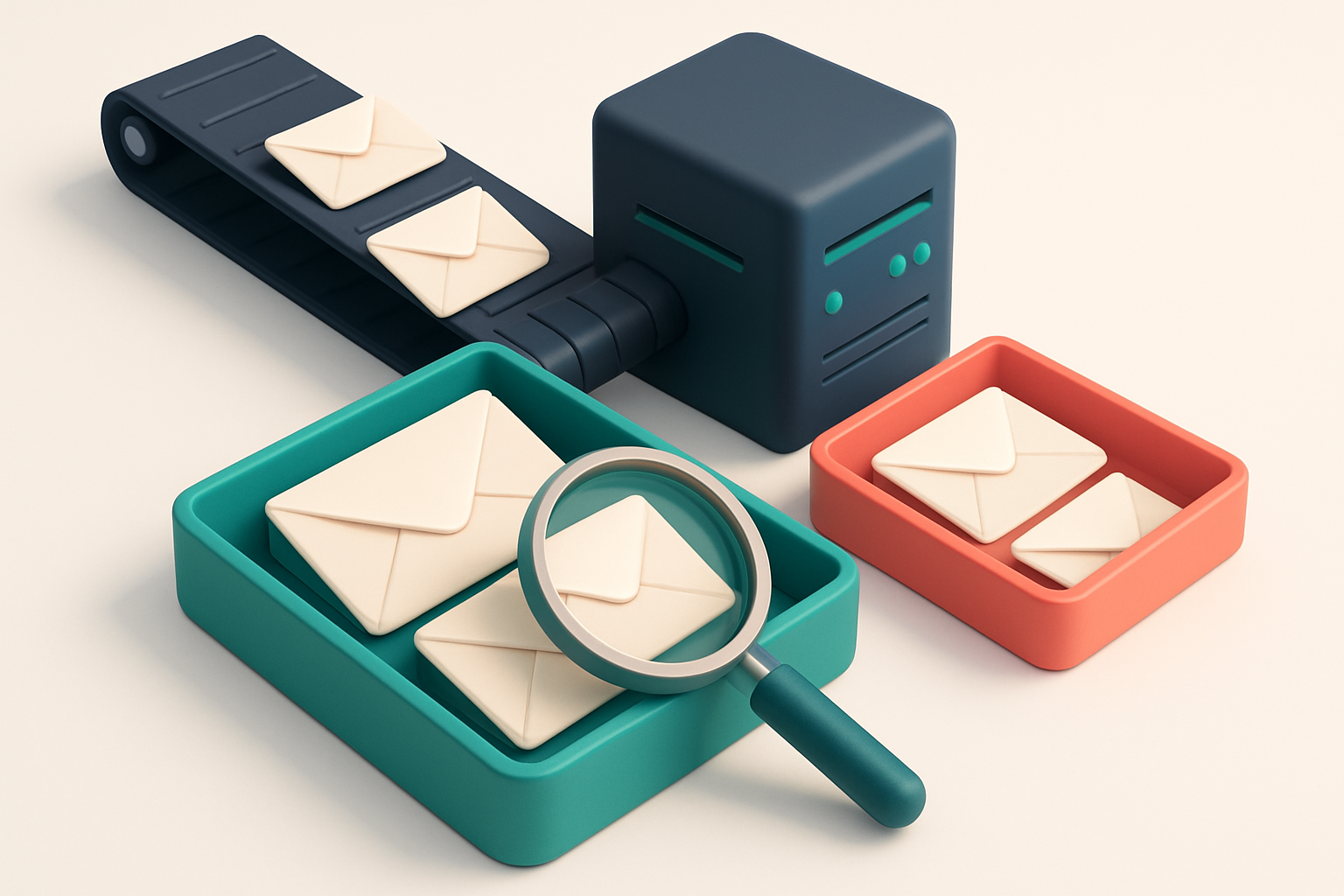 An isometric email inbox with envelopes being sorted onto a green 'valid' tray and a red 'invalid' tray, a conveyor belt