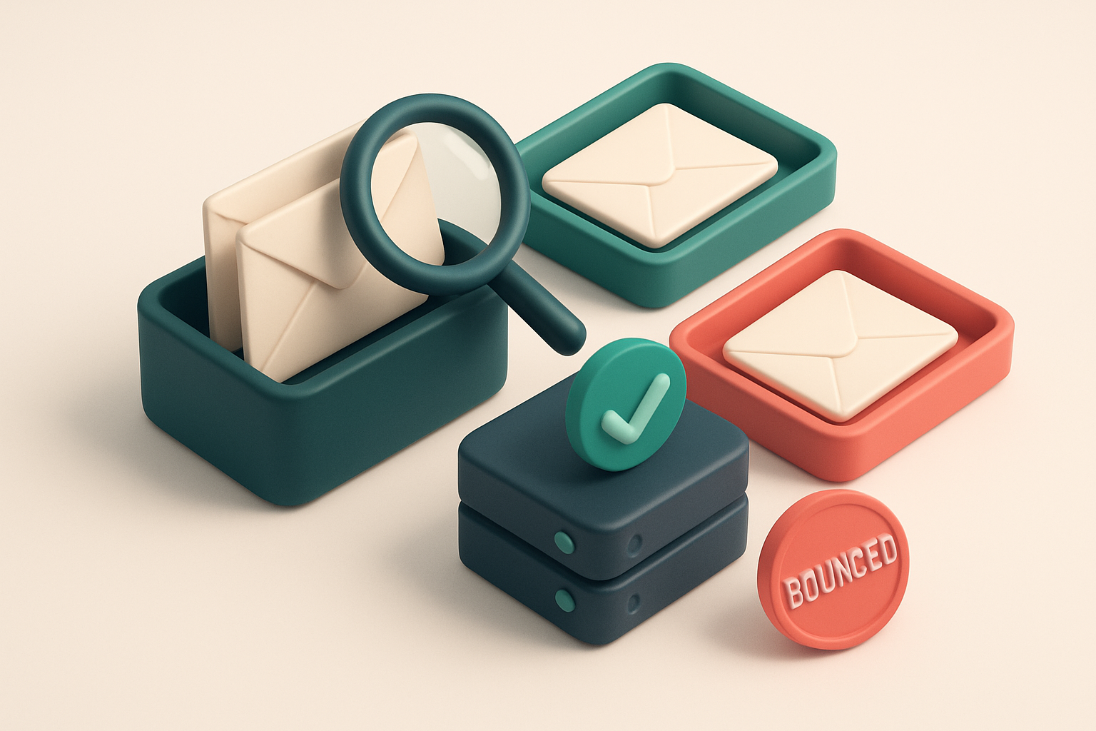 An isometric email inbox with envelopes being sorted onto a green 'valid' tray and a red 'invalid' tray, a magnifying gl