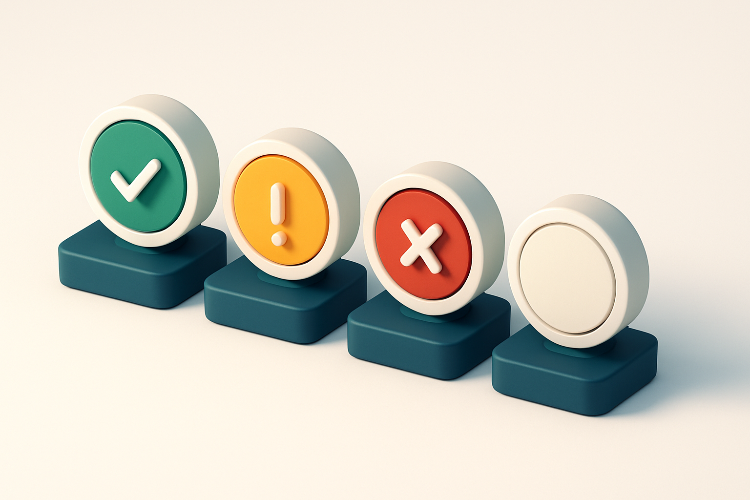 a row of four gauges showing validation status: green, yellow, red, and grey