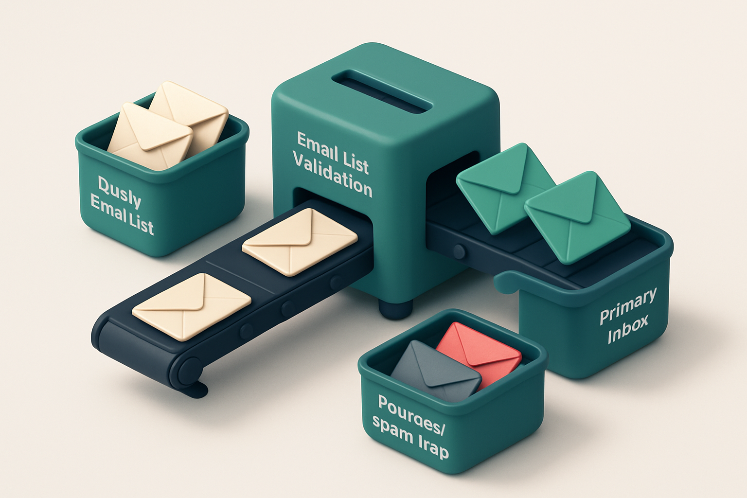 An isometric view of a logistics email campaign funnel: a conveyor belt feeds envelopes from a dusty 'outdated list' bin