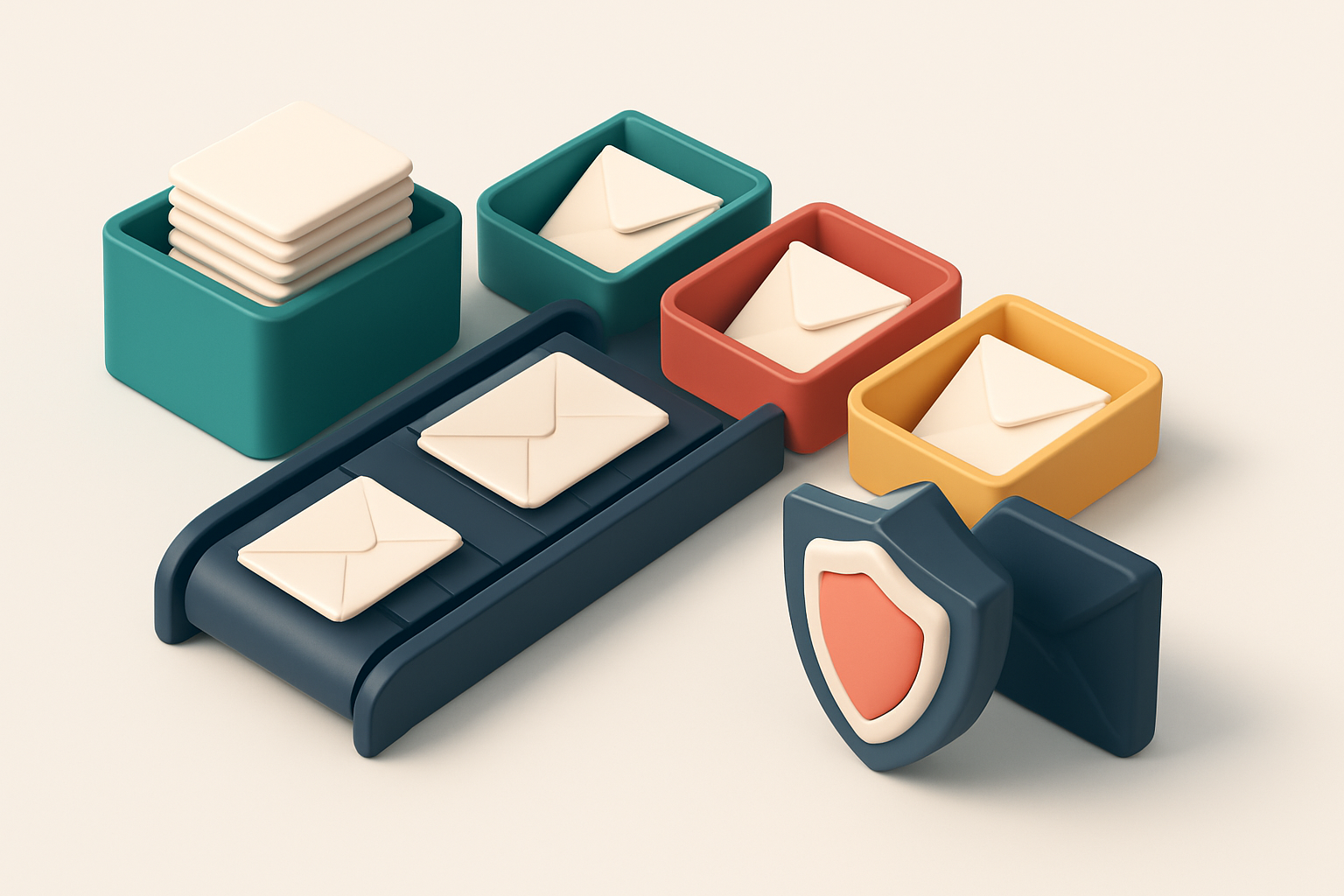 An isometric inbox with a conveyor belt feeding envelopes from a stack labeled 'prospect list', sorted into three trays: