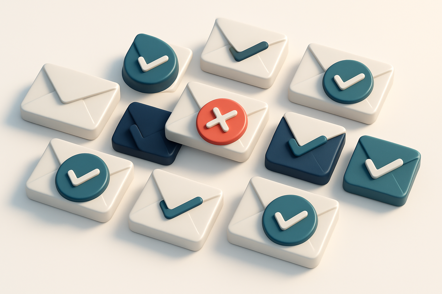 a grid of envelope icons, each with a checkmark or red X overlay
