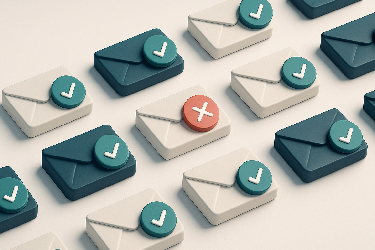 a grid of envelope icons, each with a checkmark or red X