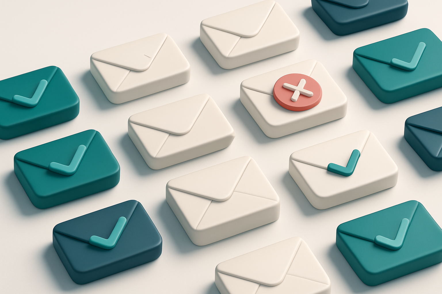 a grid of envelope icons with checkmarks in some, red Xs in others