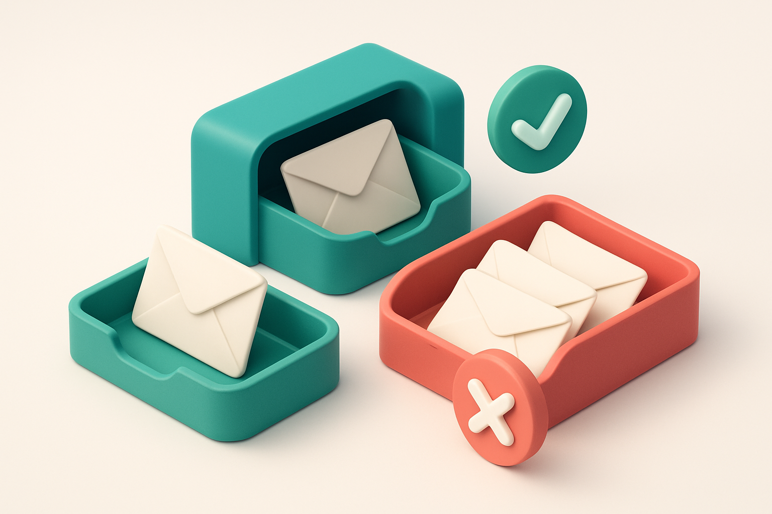 An isometric email inbox with envelopes sorting into two trays: green 'valid' and red 'invalid', a checkmark floating be