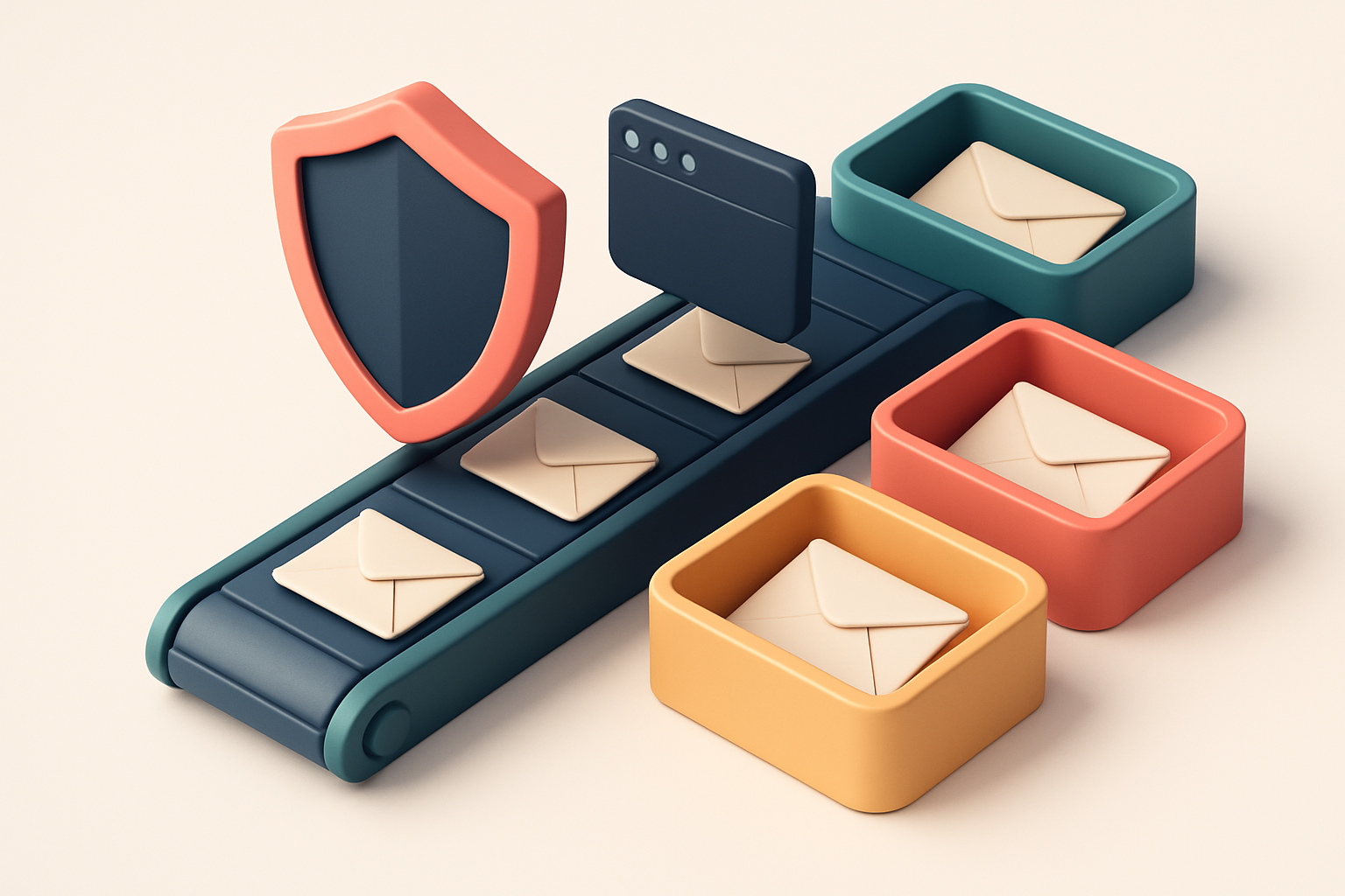 An isometric illustration of a conveyor belt moving envelopes into three trays: green for 'Valid', red for 'Invalid', an