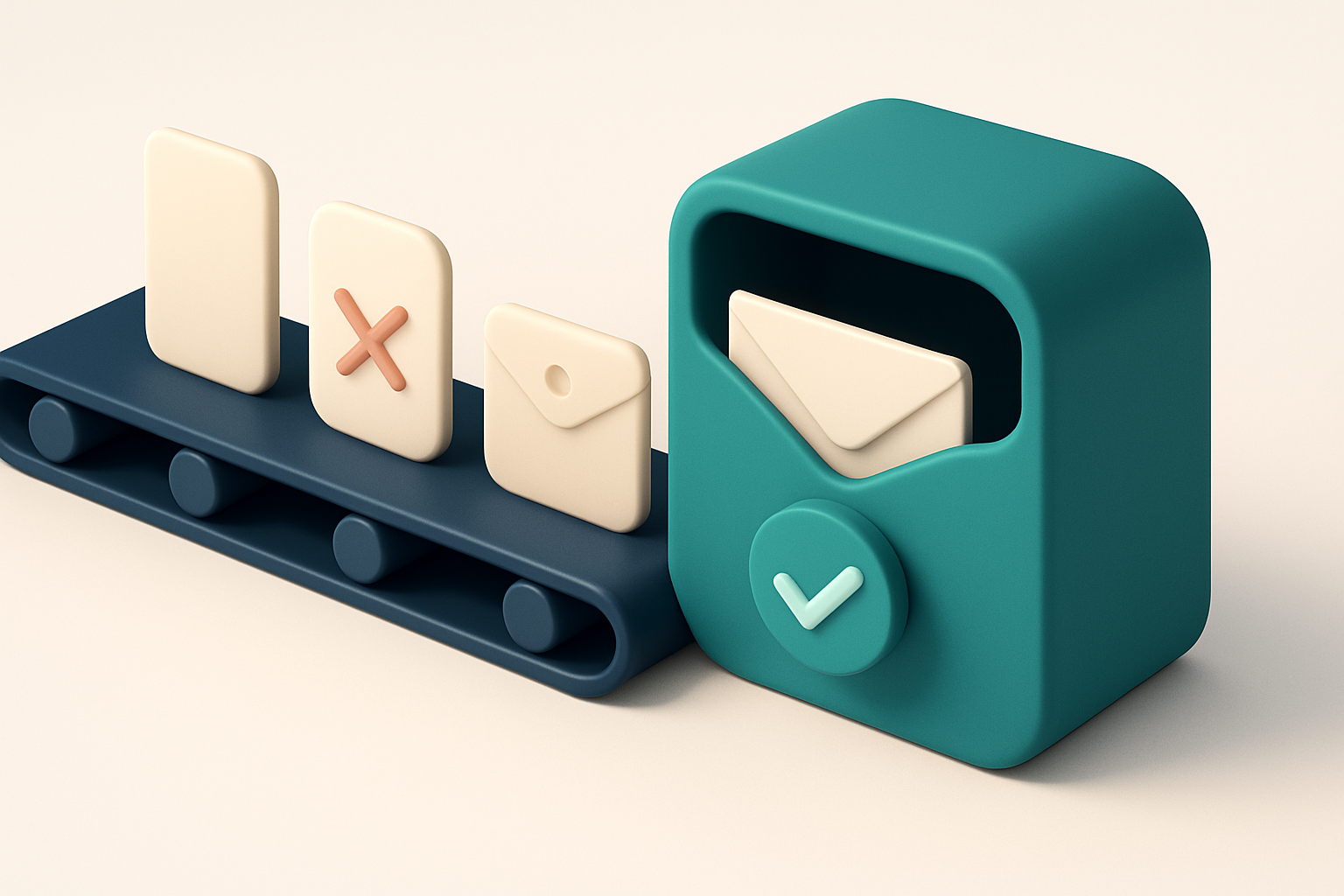 An isometric email inbox with a conveyor belt feeding envelopes labeled 'Valid', 'Risky', 'Invalid', 'Catch-all', and 'D