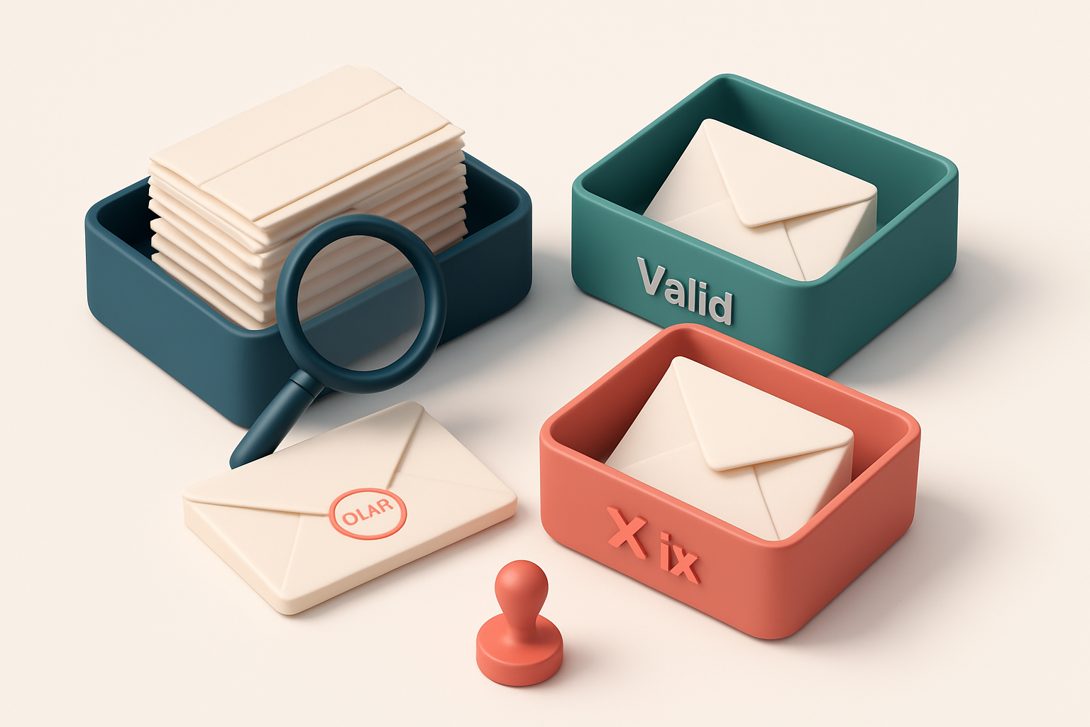 An isometric email inbox with envelopes being sorted onto a green 'valid' tray and a red 'invalid' tray, a magnifying gl