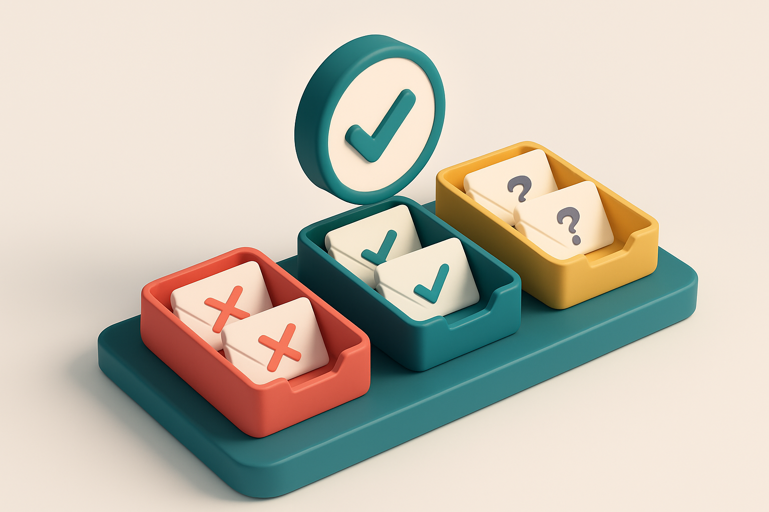 An isometric desktop with three distinct queues: a red 'invalid' tray with crossed-out envelopes, a green 'valid' tray w