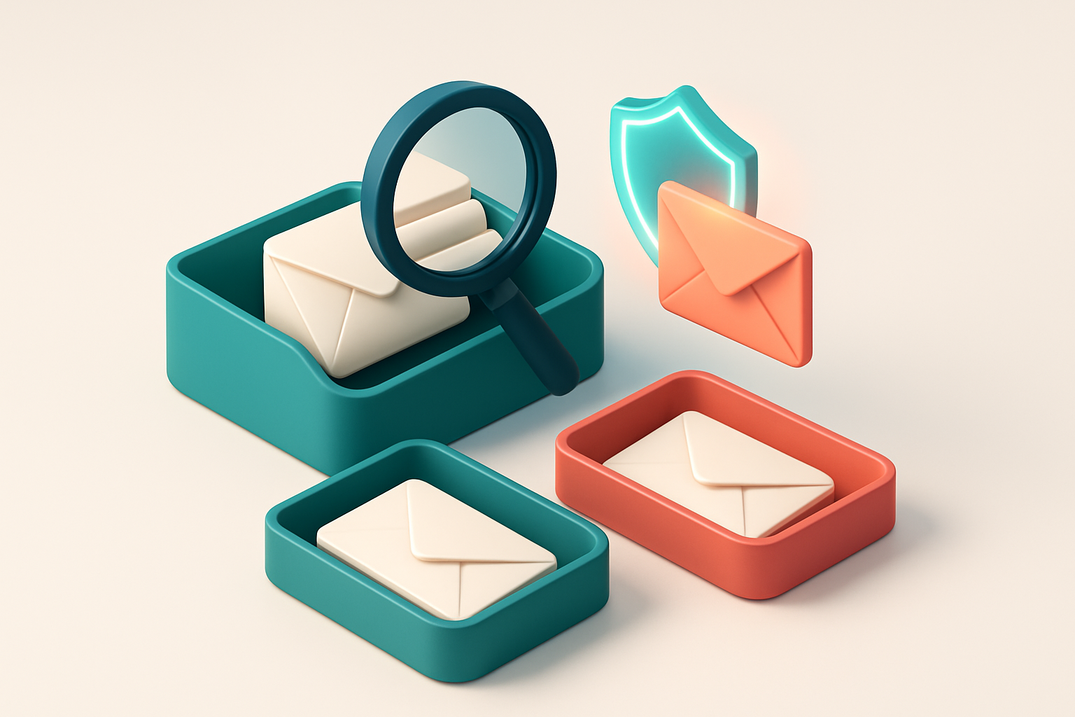 An isometric email inbox with envelopes being sorted onto a green 'valid' tray and a red 'invalid' tray, a magnifying gl