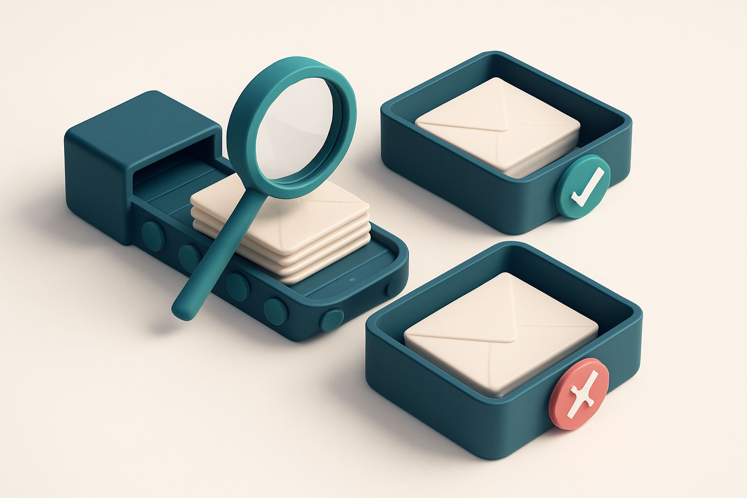 An isometric email inbox with a conveyor belt delivering envelopes into two trays—one labeled 'Valid' with a green check