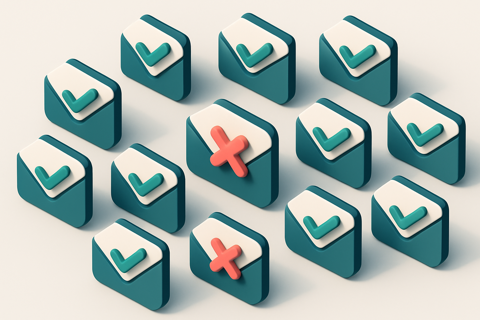 a grid of envelope icons, each with a checkmark or red X in the center
