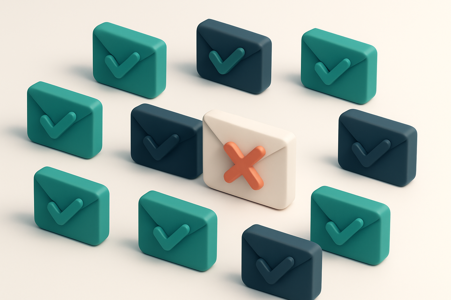 a grid of envelope icons with checkmarks, each in a different color (valid), one crossed out (invalid)
