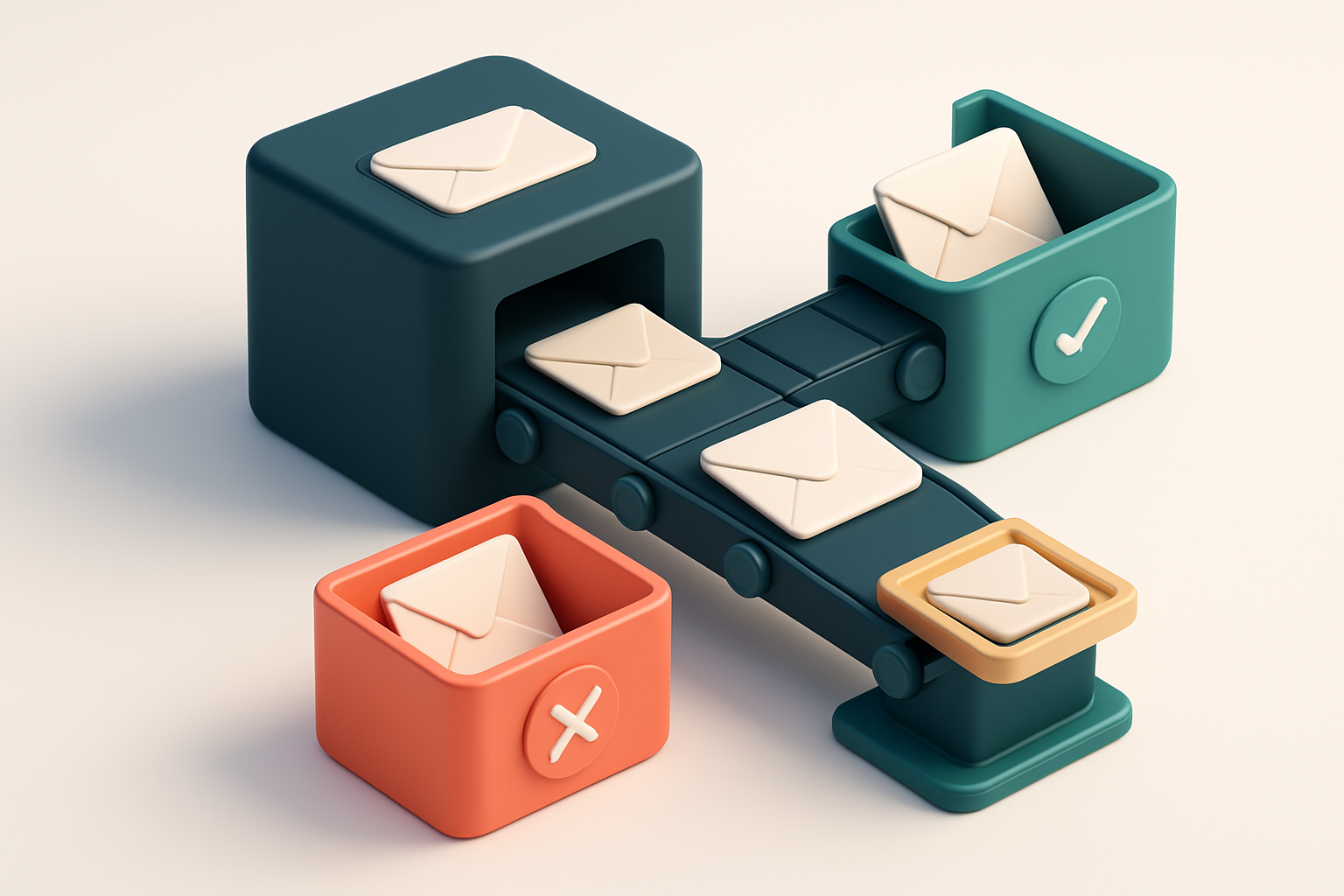 an isometric email inbox with envelopes moving along a conveyor belt; valid envoles go to a green 'confirmed' bin, inval