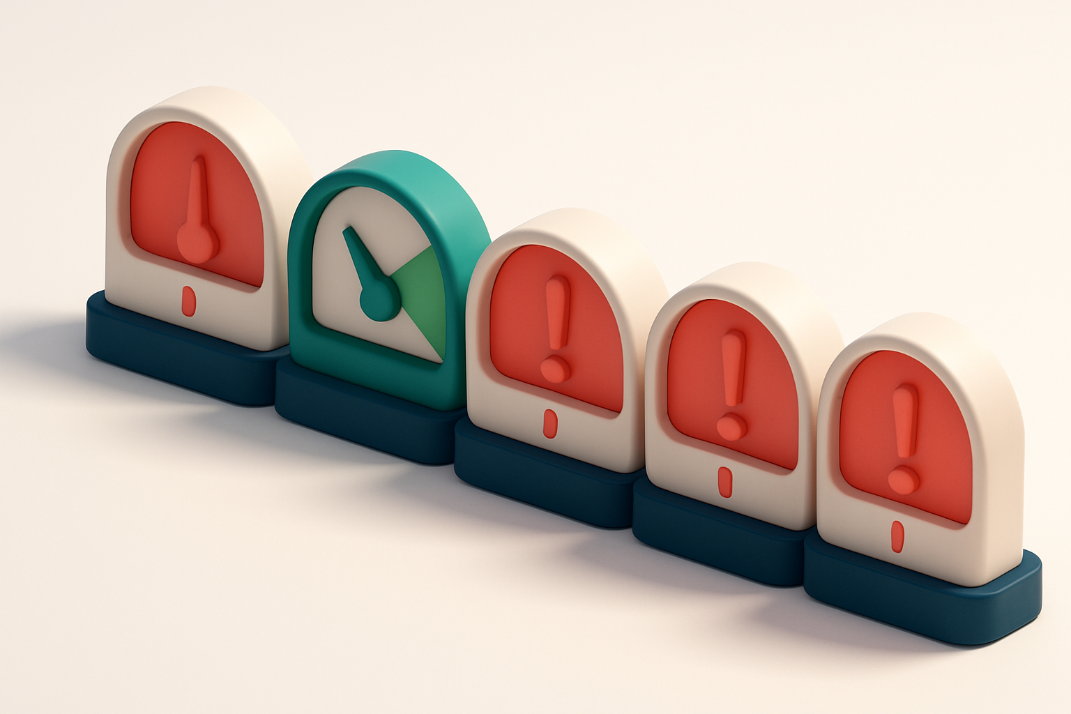 a row of four red warning gauges with one green one