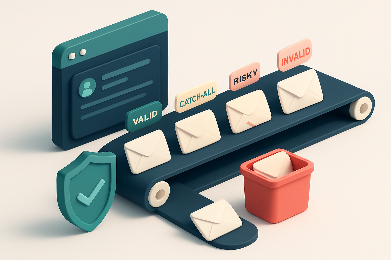 Hero: an isometric event registration dashboard with a conveyor belt feeding in envelopes labeled 'valid,' 'invalid,' 'c