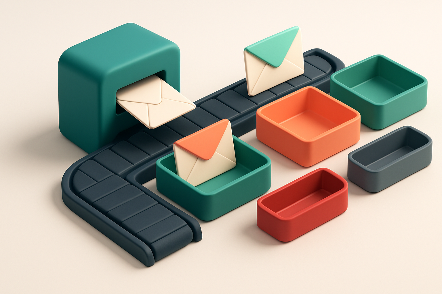 An isometric email inbox with a conveyor belt delivering envelopes labeled 'valid', 'risky', 'invalid', and 'catch-all',