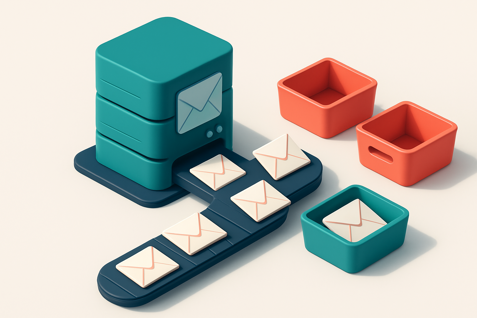 An isometric email server cluster with a conveyor belt feeding envelopes labeled 'invalid', 'catch-all', 'disposable', a