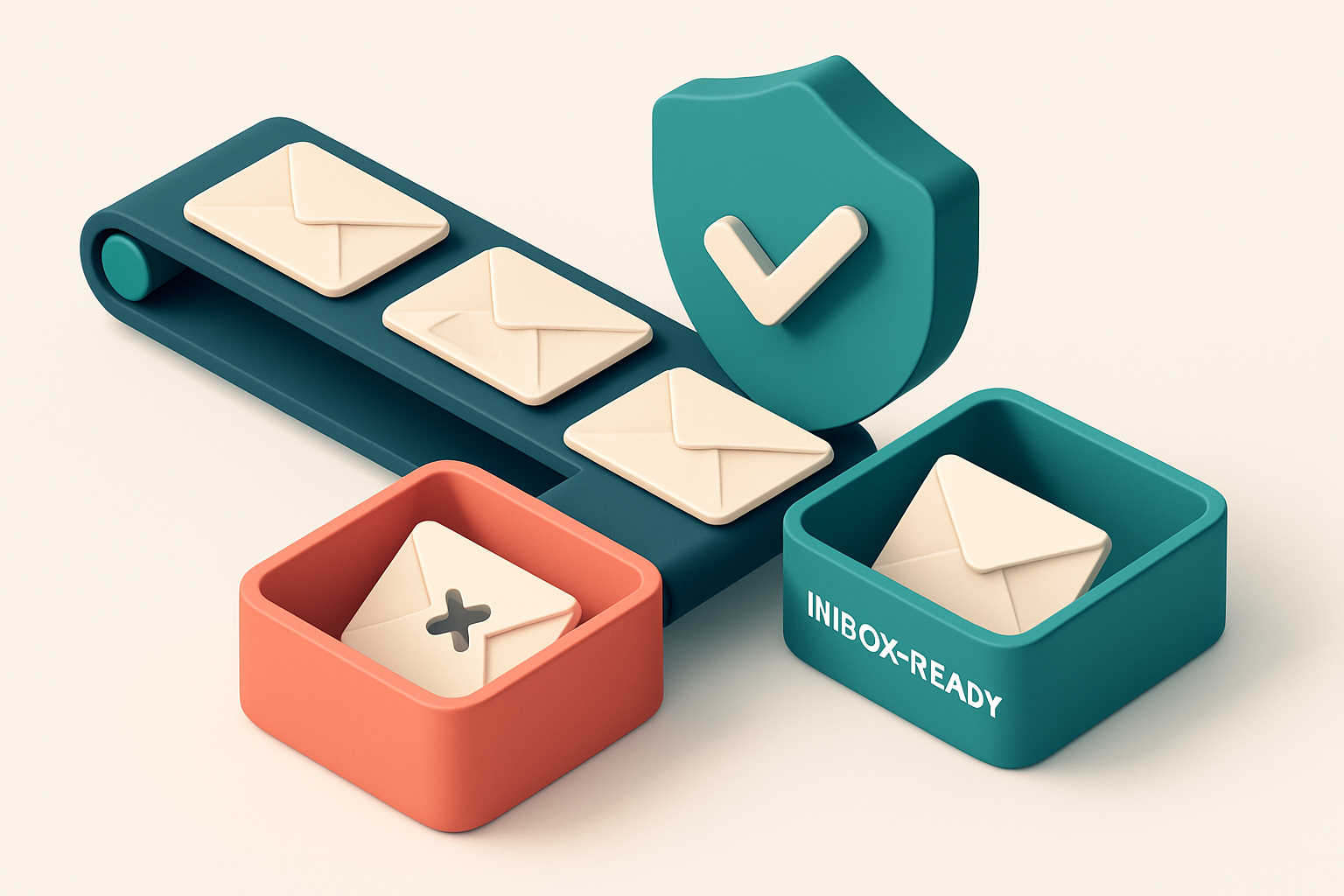 An isometric email inbox with envelopes labeled 'valid', 'risky', 'catch-all', and 'invalid' being pushed across a conve