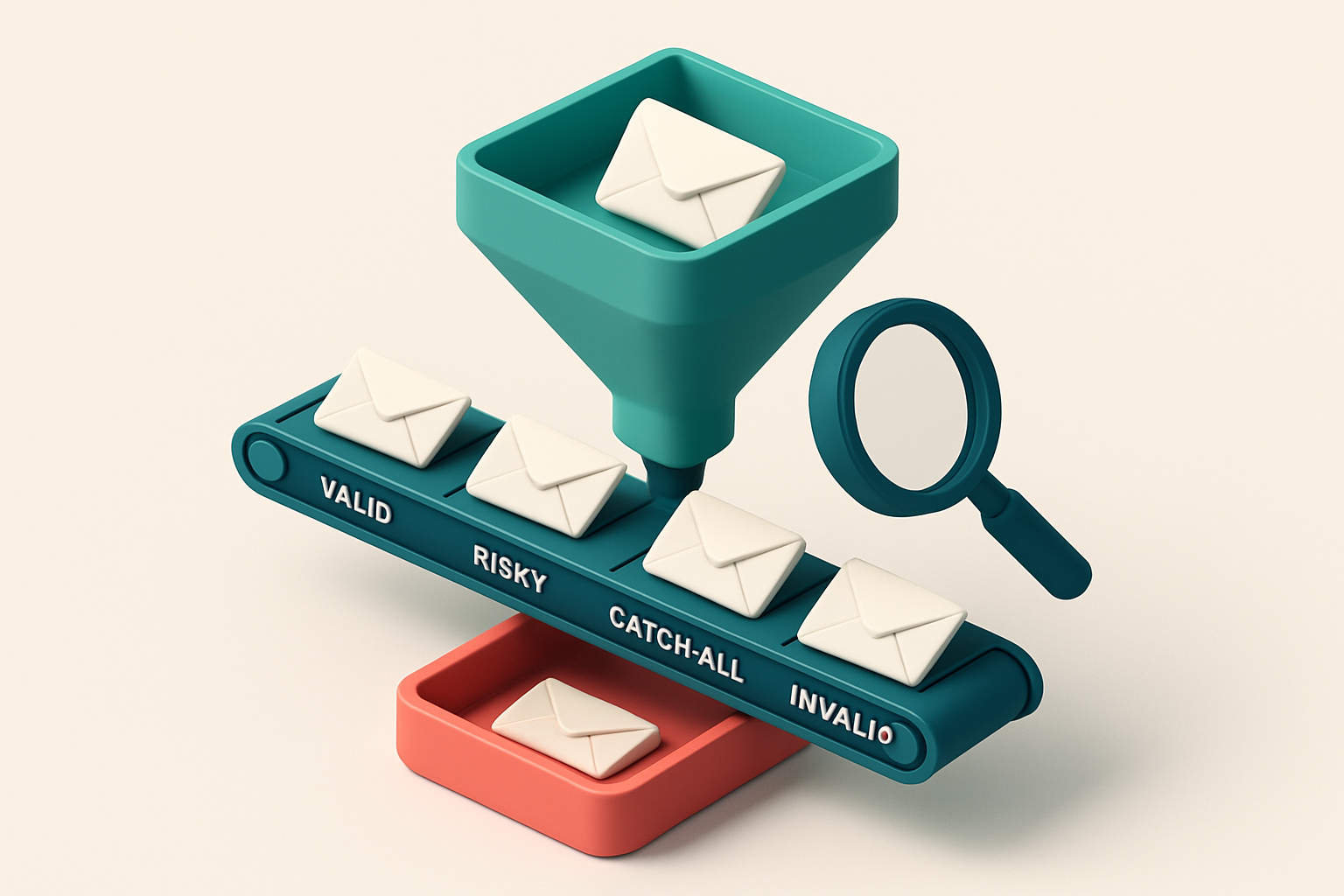 an isometric email delivery funnel with a red 'spam' tray at the bottom, a green 'inbox' tray at the top, and envelopes