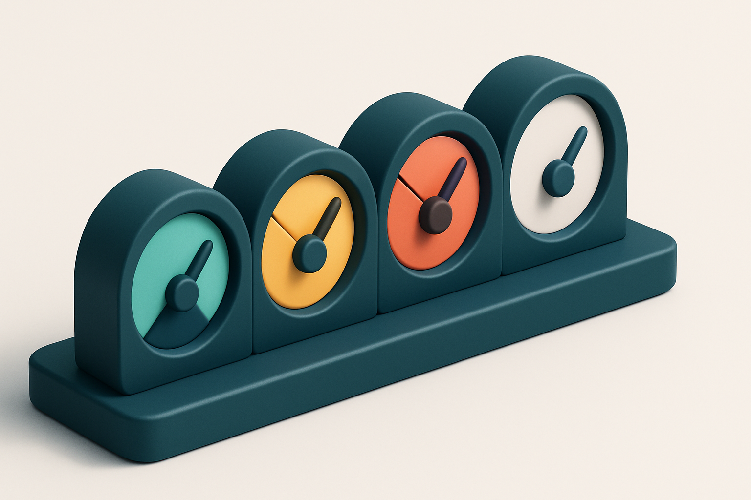 a row of four gauges showing green, yellow, red, and gray status indicators