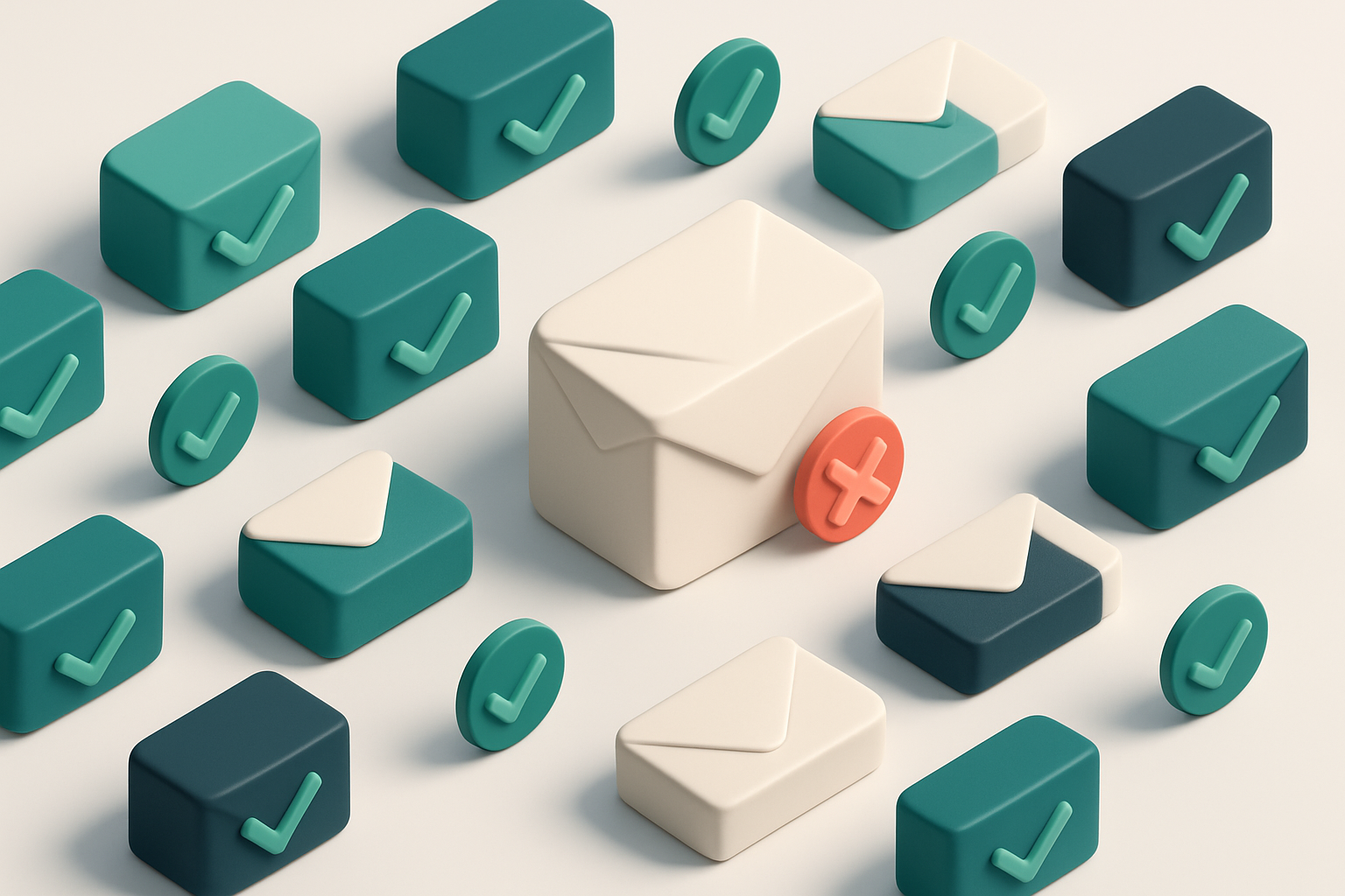 a grid of envelope icons with checkmarks and red Xs