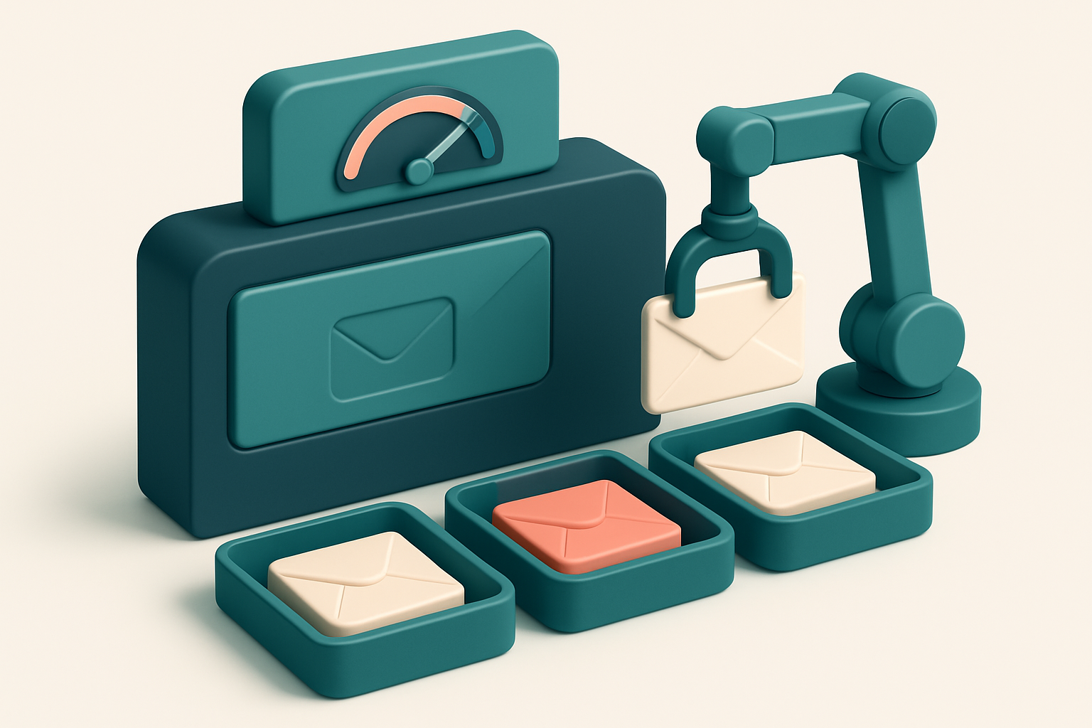 An isometric illustration of a large, segmented email inbox with envelopes labeled 'valid', 'invalid', 'catch-all', and