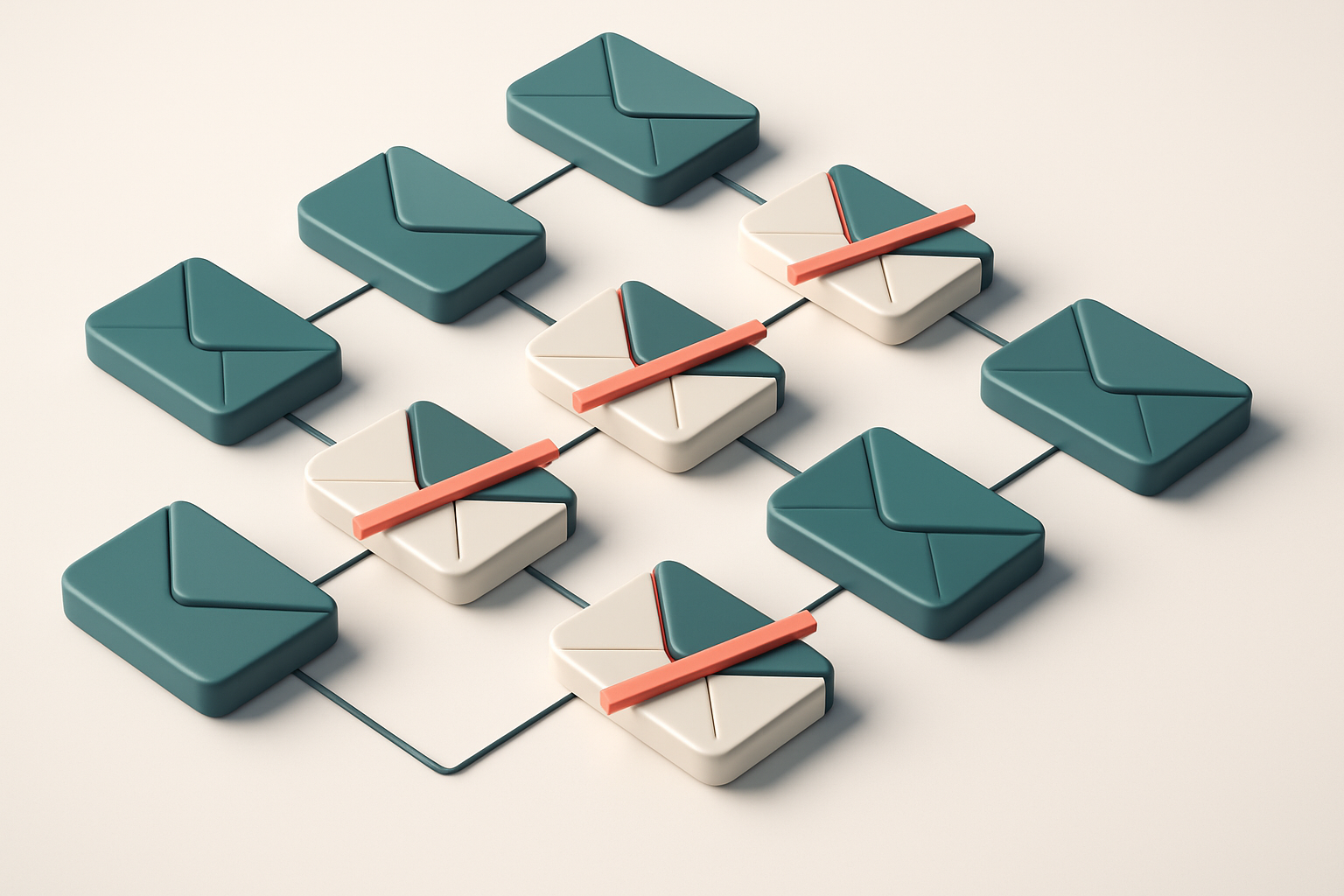 a grid of envelope icons connected by thin lines, with a red diagonal line through some