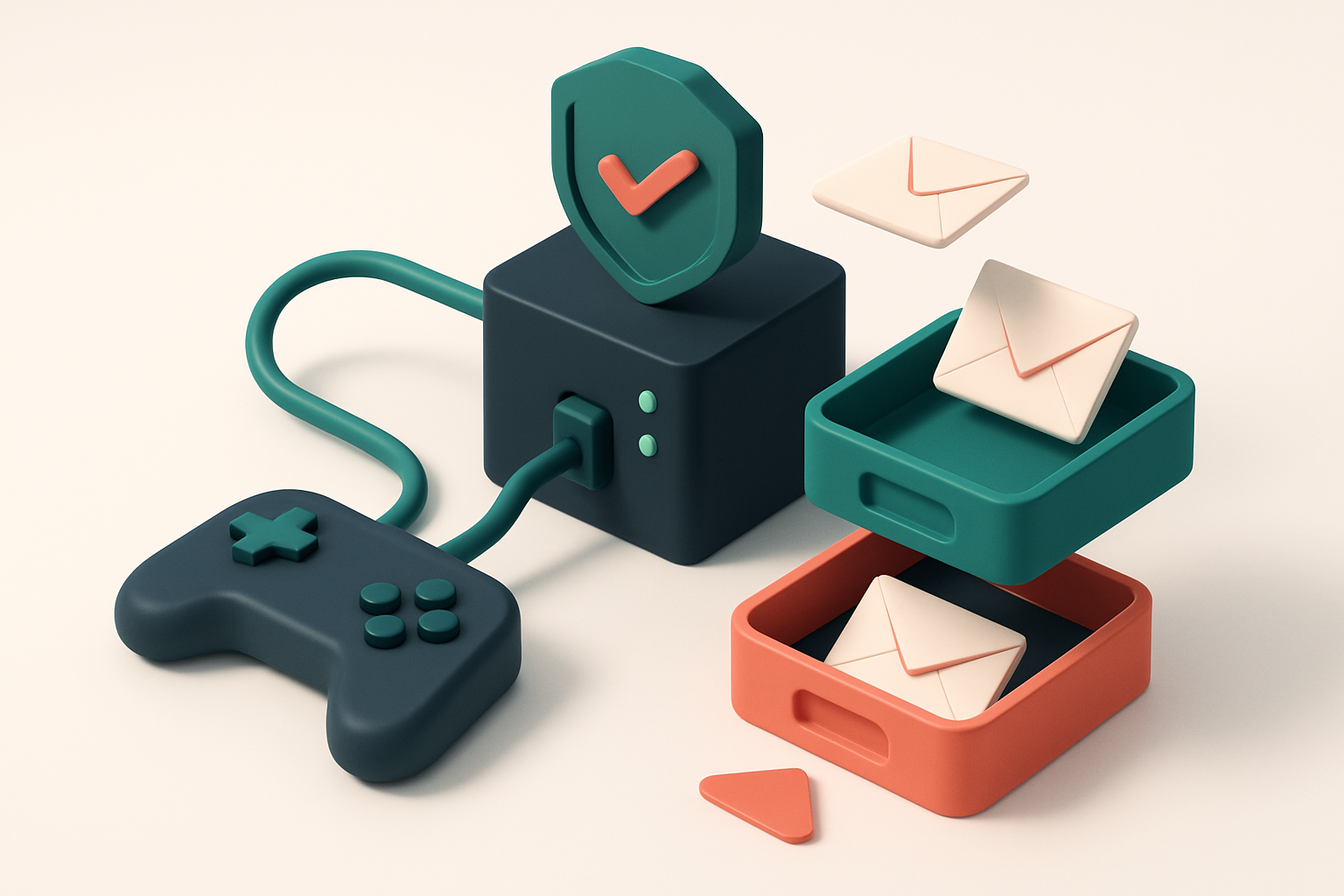 Hero: an isometric gaming console with a streaming data cable feeding into a central server, where incoming emails appea