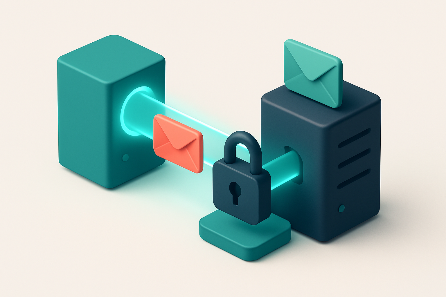 An isometric illustration of two servers connected by a glowing encrypted tunnel, with a red 'spoofed' envelope slipping
